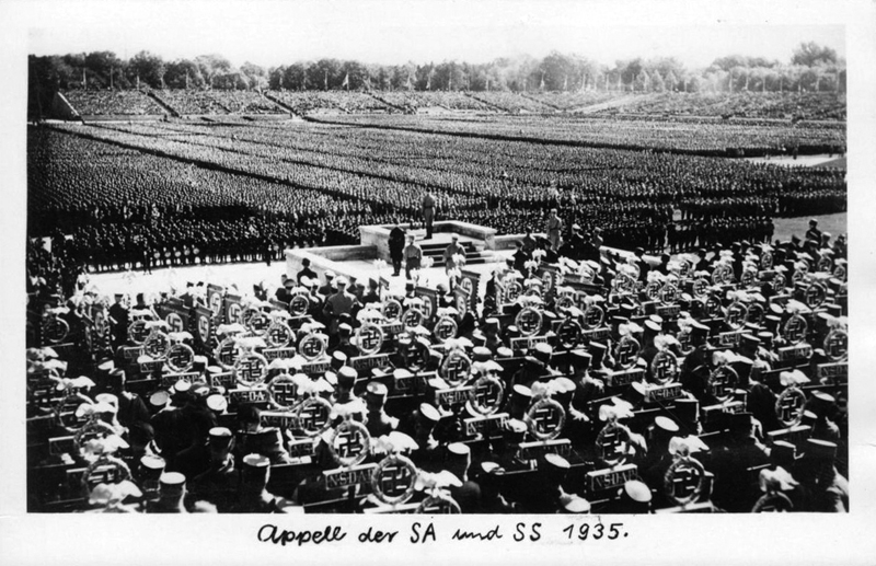 Adolf Hitler makes a speech in the new Luitpoldarena in Nuremberg to the call of the SA and SS